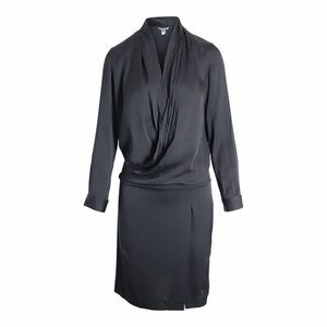 Monaco Satin Shirt Dress long sleeve draped fitted hem mini wrap Sz L Black
